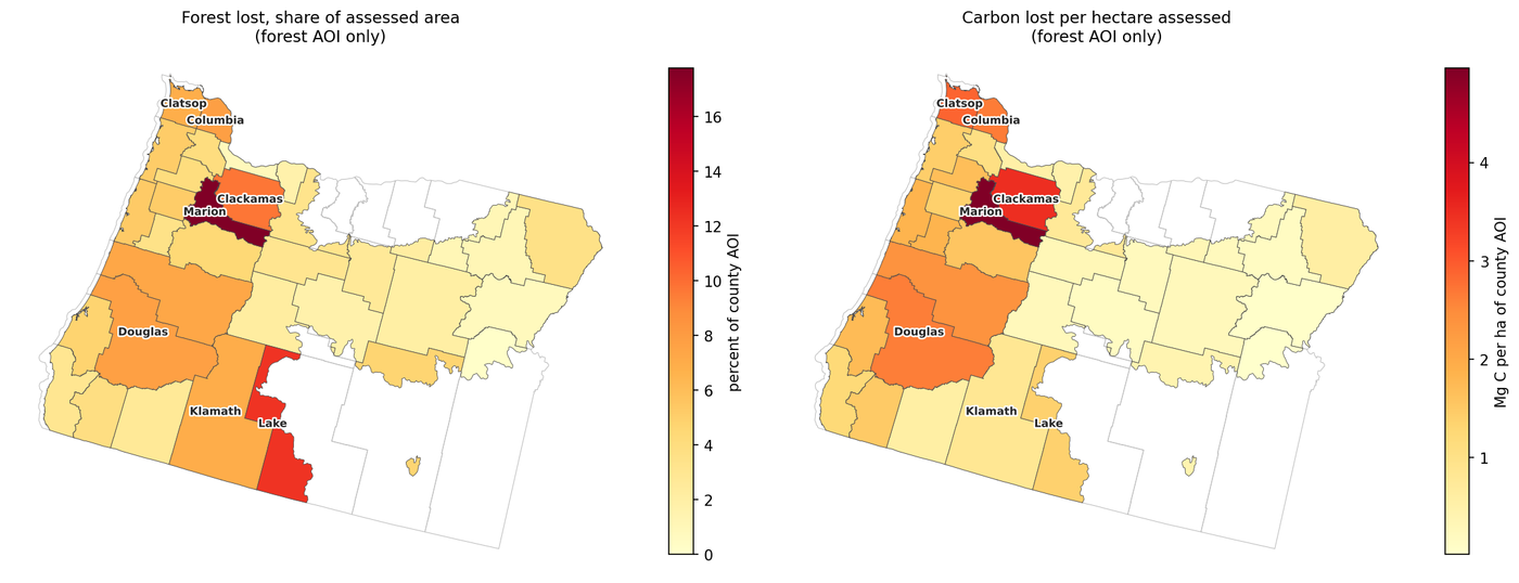 Two Oregon county maps: share of assessed forest lost, and carbon lost per hectare assessed