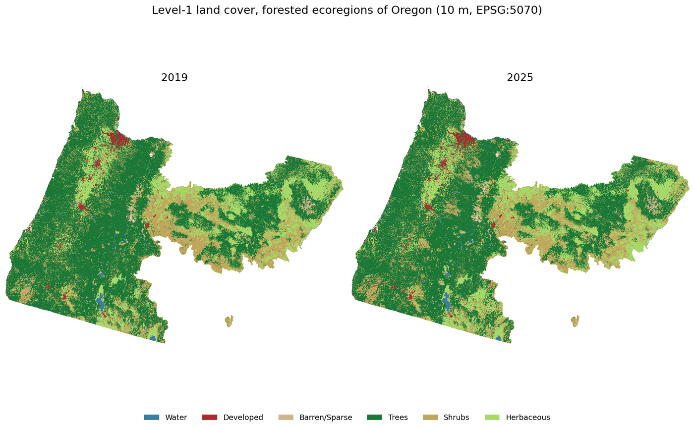 Side-by-side Level 1 land cover maps of Oregon's forested ecoregions in 2019 and 2025