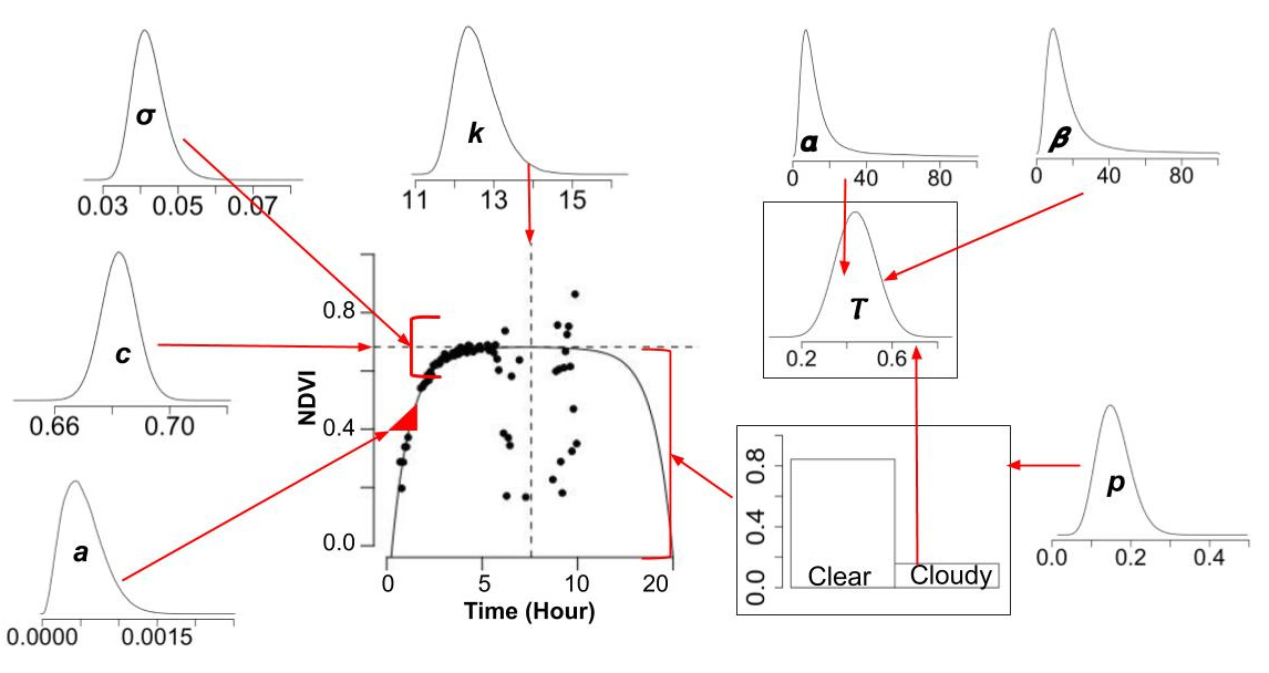 Diagram of the double-exponential daily NDVI algorithm and its parameter distributions